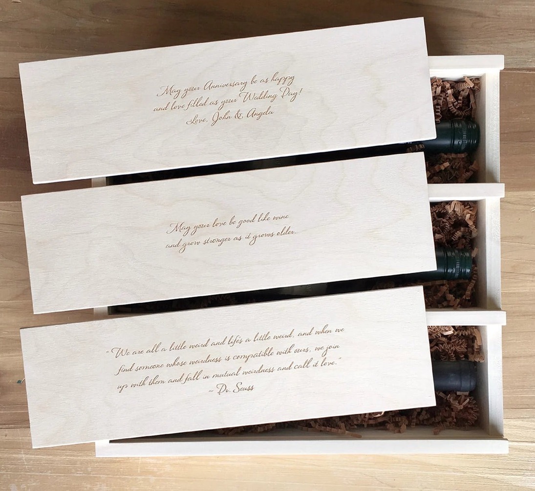 secret message inside wine box wedding gift by Artificer Wood Works