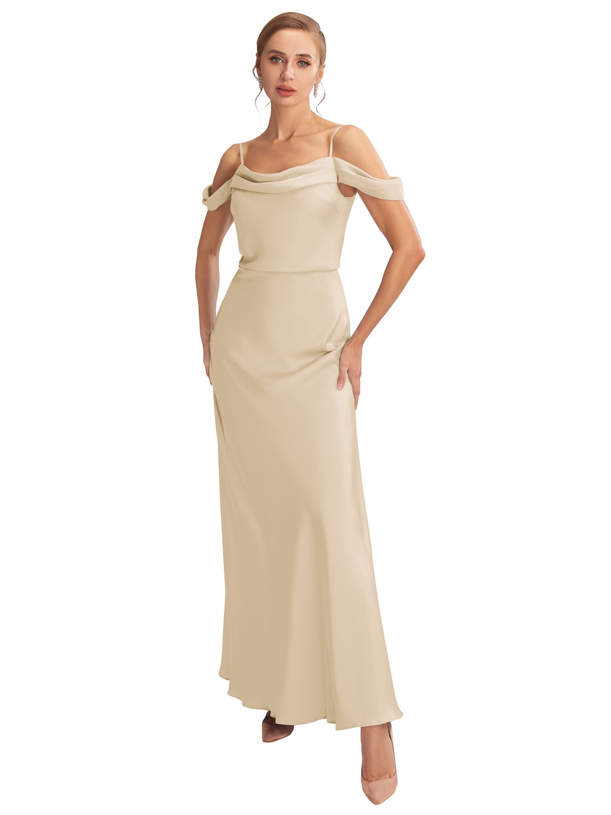 off the shoulder champagne satin bridesmaid dress by AW Bridal