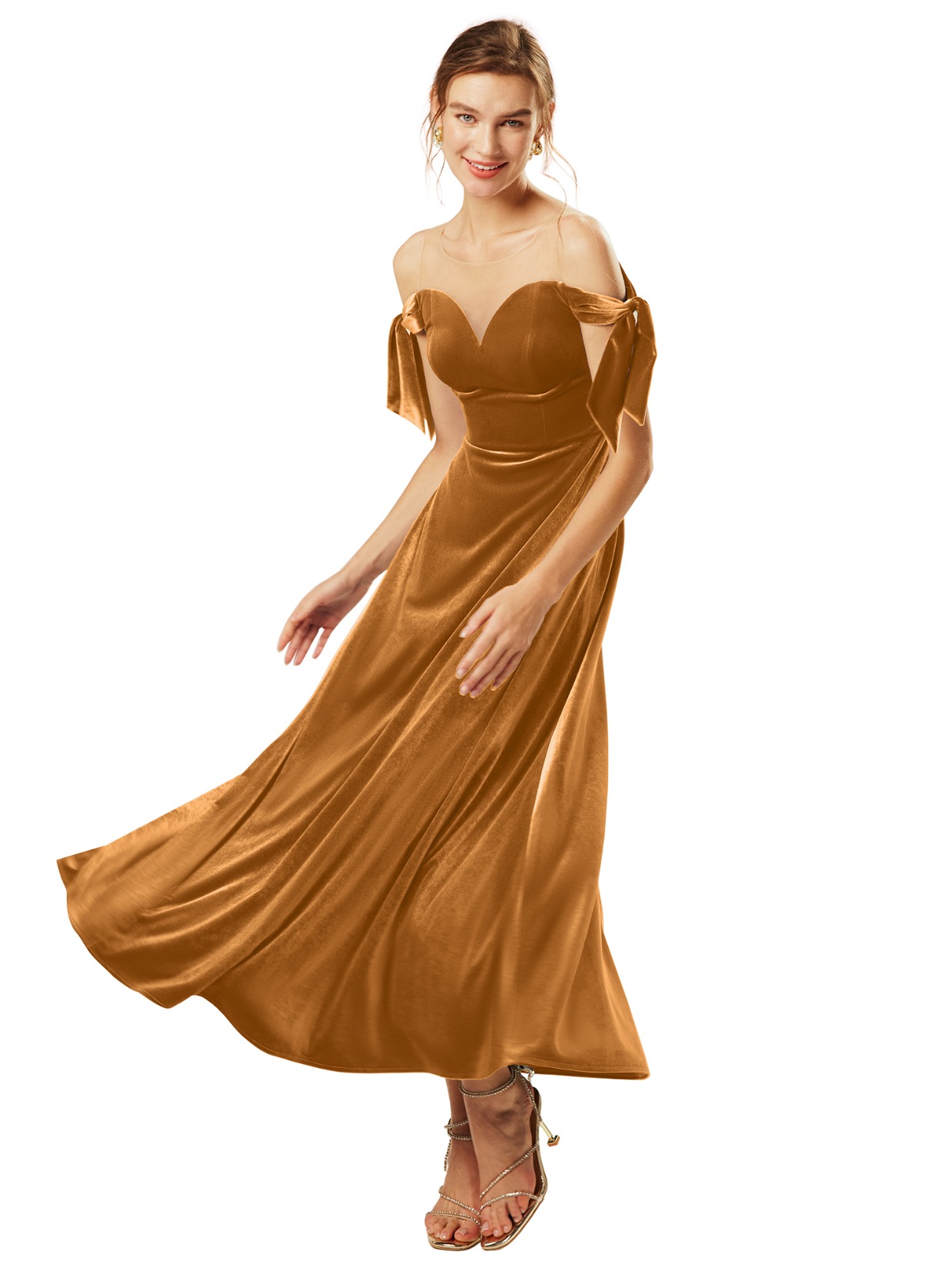 off the shoulder tie bridesmaid dress from AW Bridal in amber velvet