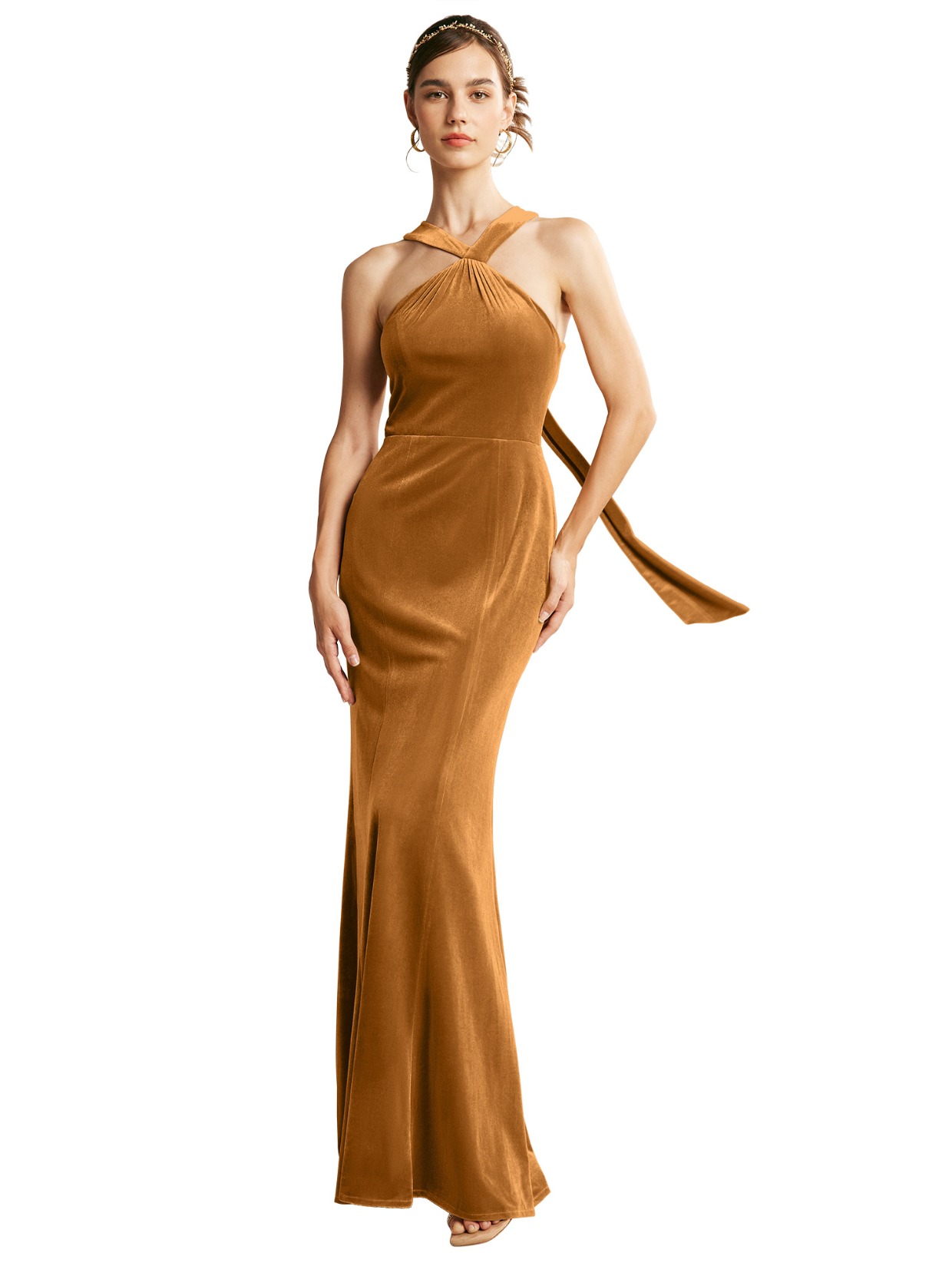 tie halter bridesmaid dress in amber velvet by AW Bridal