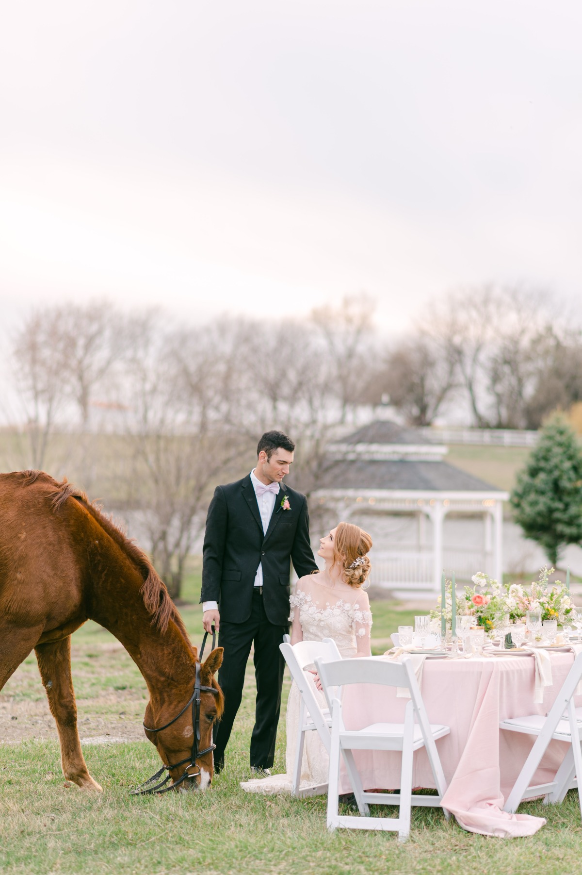 Equestrian bride and groom with horse