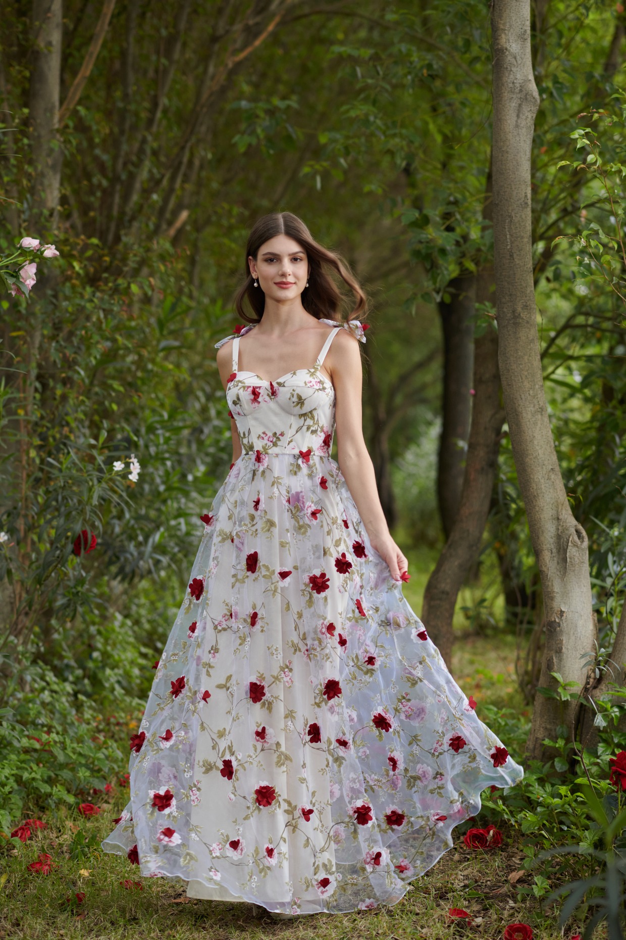 red and white floral wedding gown from AW Bridal