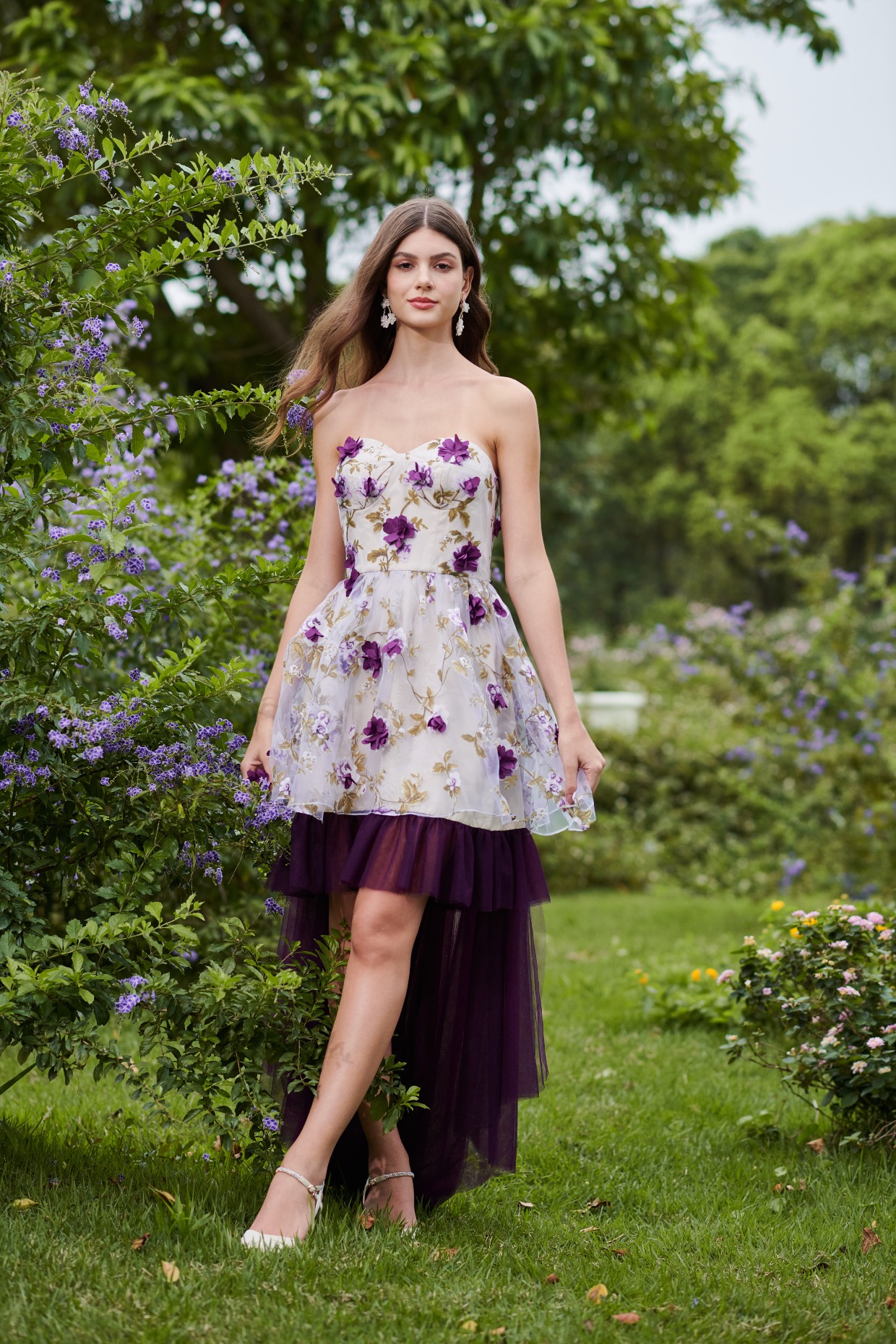 dark high low plum floral dress from AW Bridal