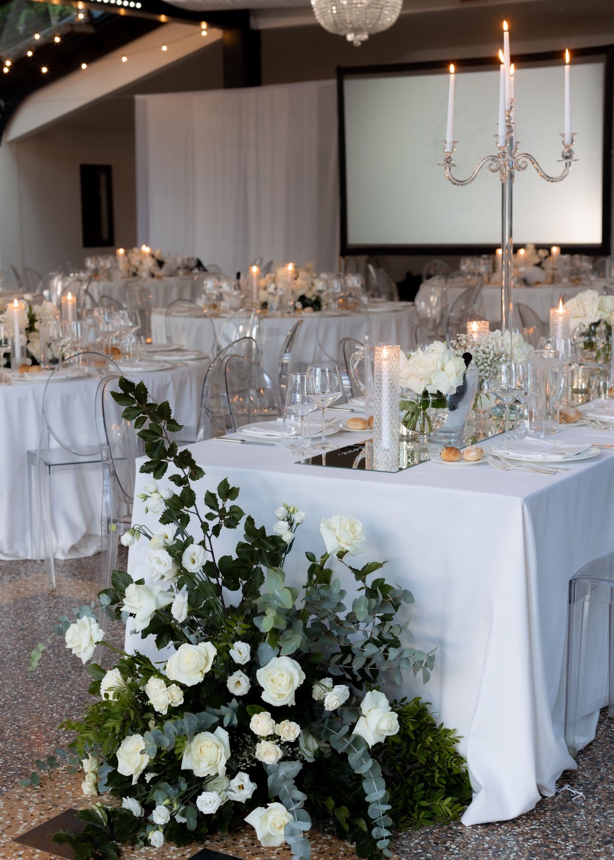 Classic white and acrylic wedding reception