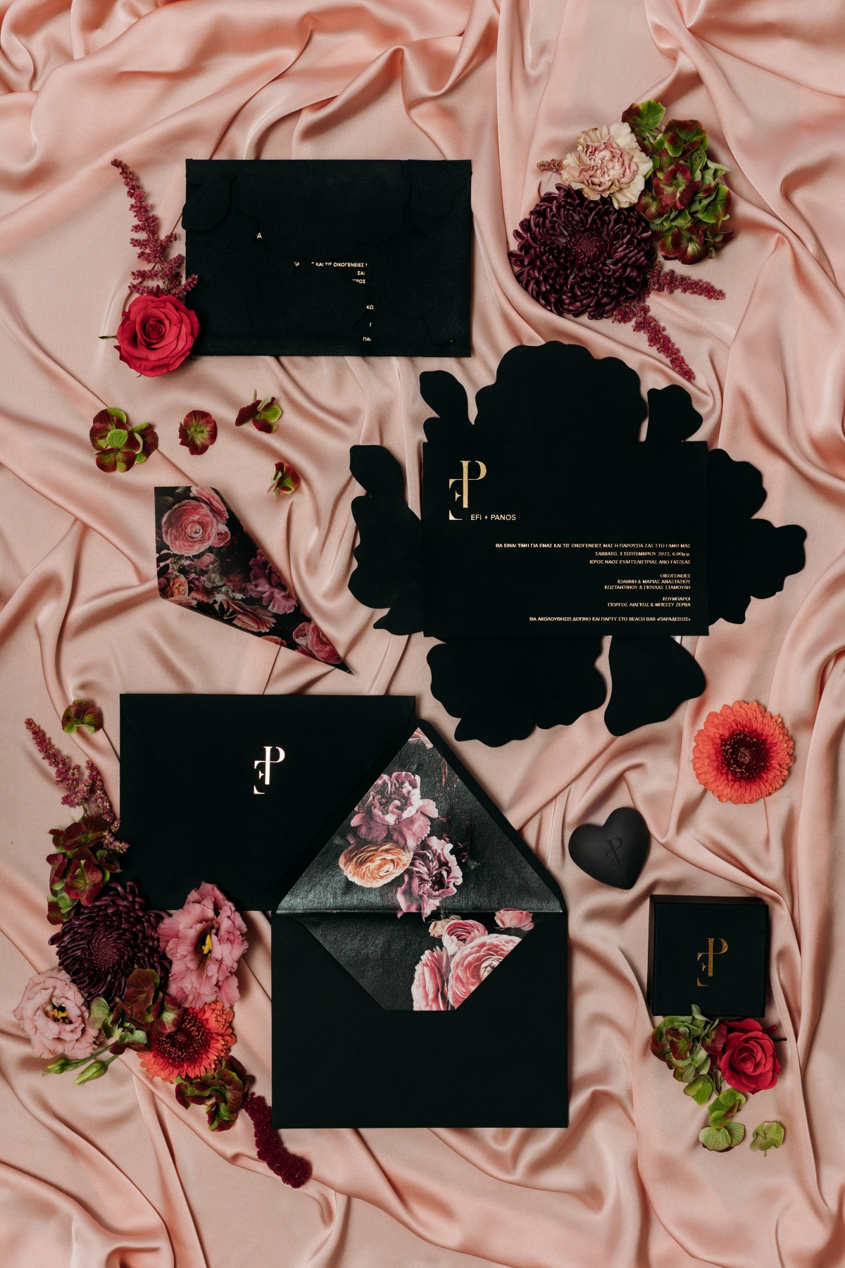 black floral wedding invitations