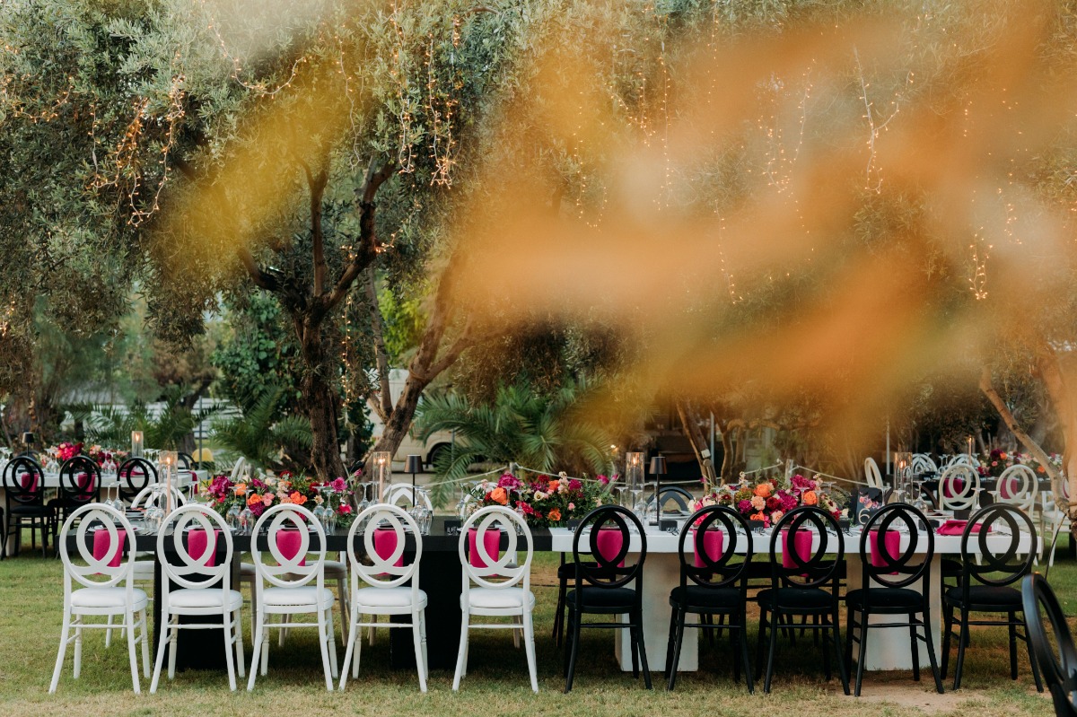 black, pink and white Greece wedding