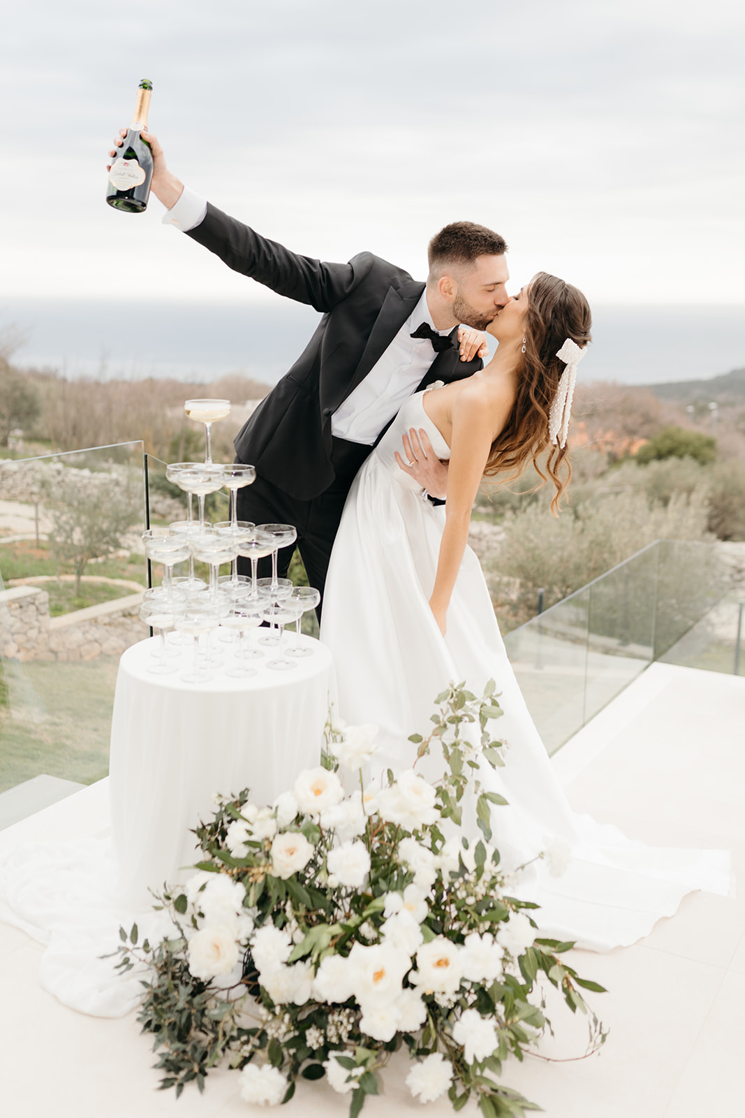 Romantic champagne toast at reception