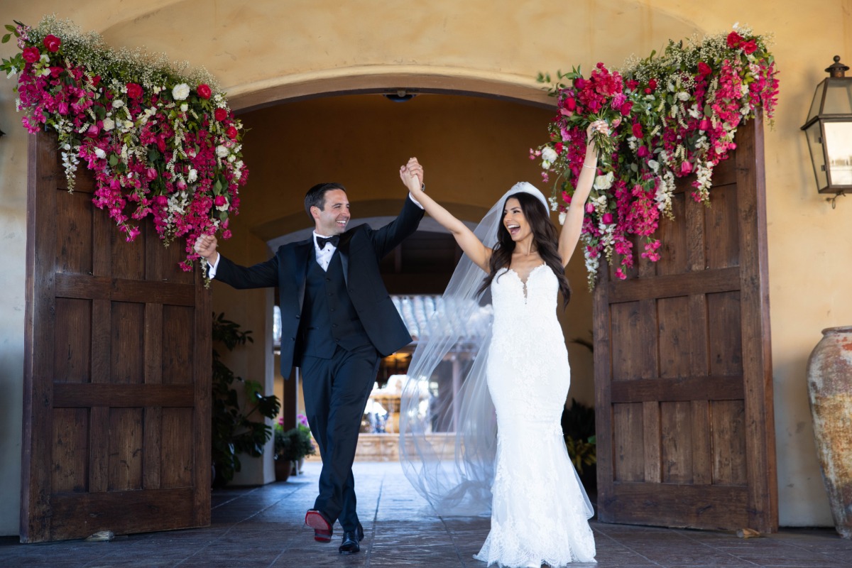 Newlywed cheers with magenta florals