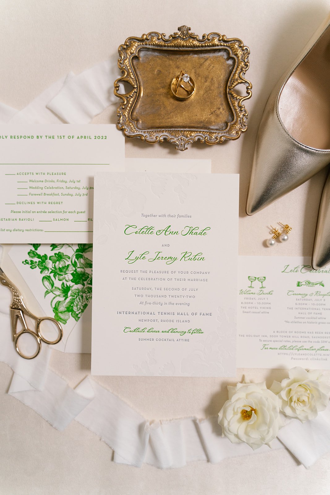 Modern green and ivory invitation suite