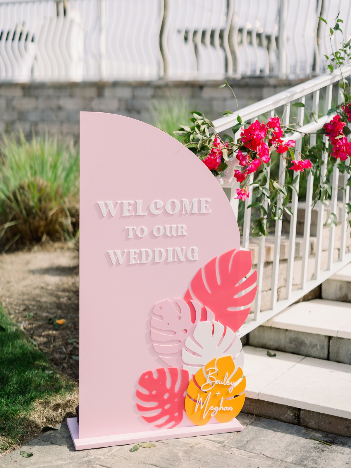 pink tropical welcome wedding sign