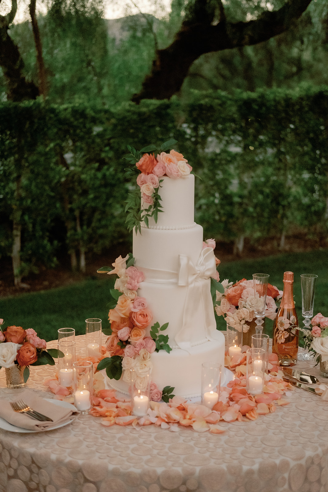 wedding cake with flowing flowers