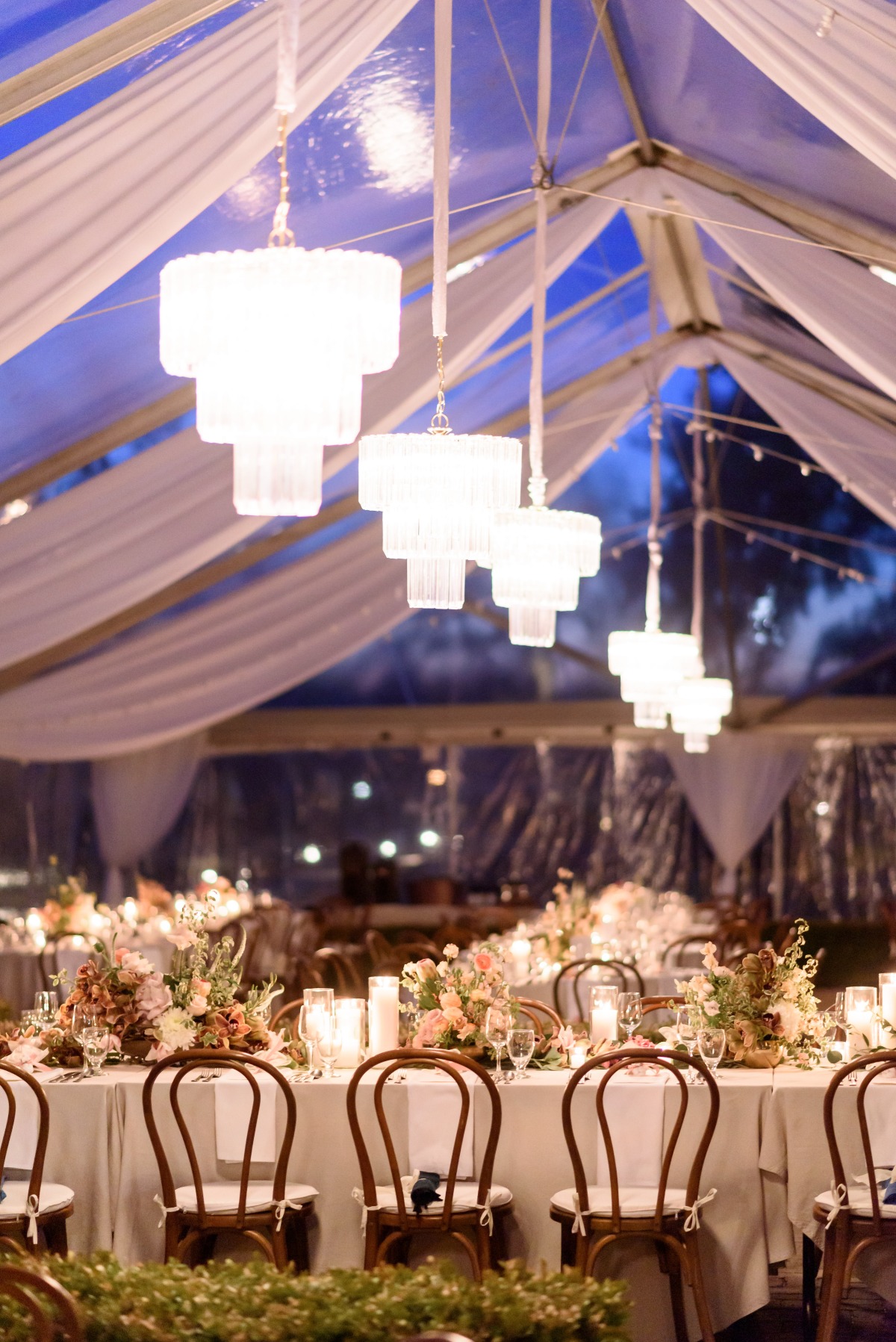 wedding tent with chandeliers