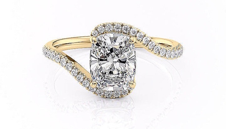 0.75ct, elongated cushion cut moissanite twist engagement ring