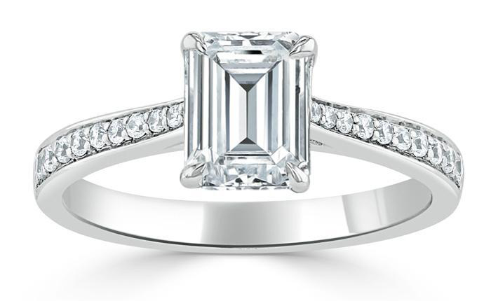 0.75ct, emerald cut moissanite engagement ring