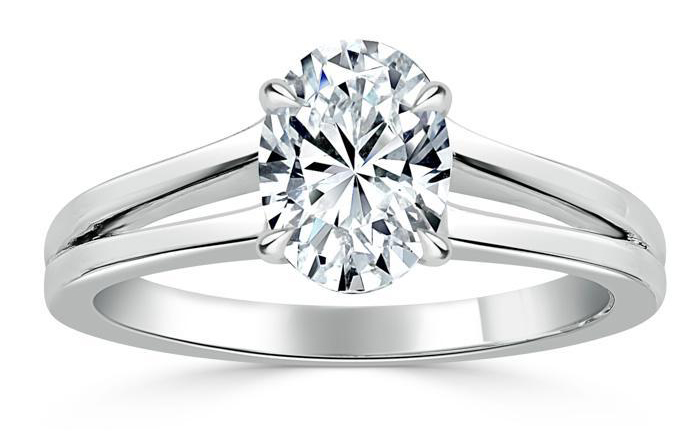 0.75ct, oval cut moissanite engagement ring, with split shank