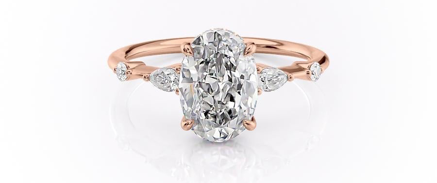 1ct, oval cut moissanite engagement ring with shoulder stones and hidden halo