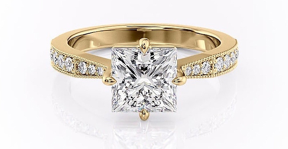 1ct princess cut moissanite, with stone set shoulders and milgrain edge