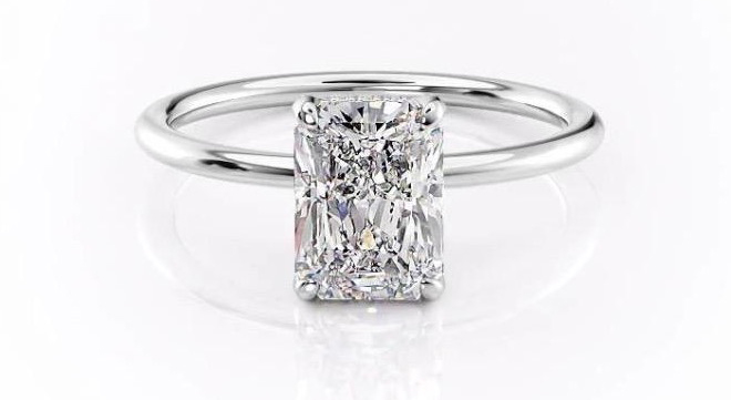 1ct, radiant cut moissanite engagement ring, with hidden halo