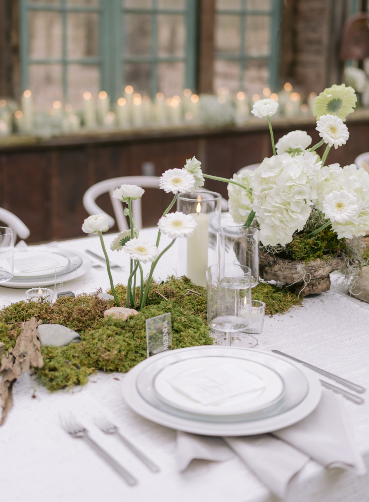 Moss and daisy table centerpiece