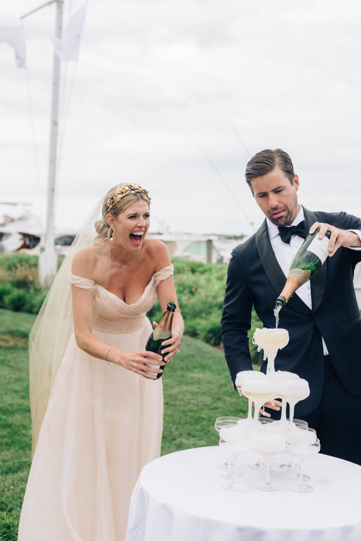 Champagne tower at coastal wedding