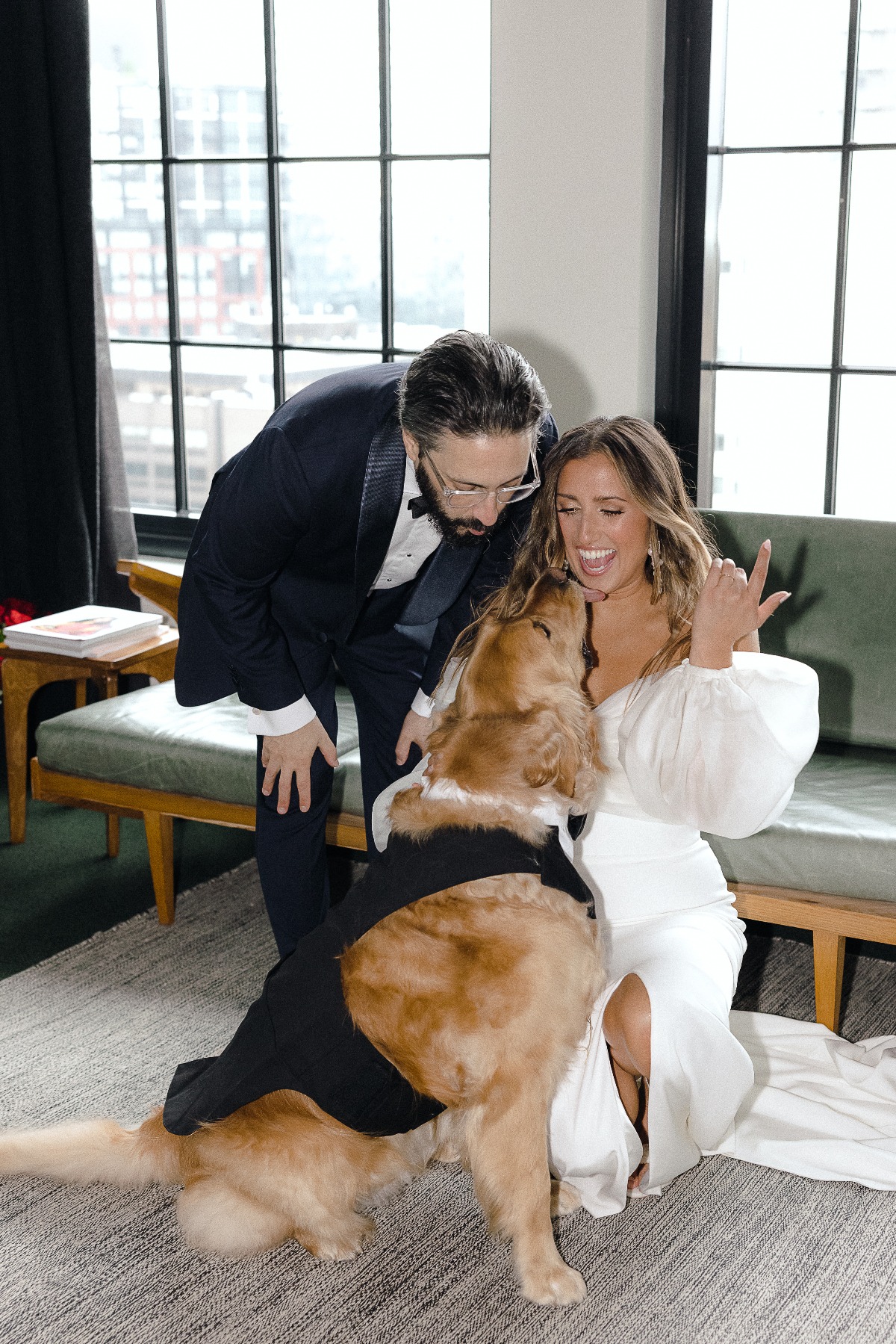 Bride and groom with dog of honor 