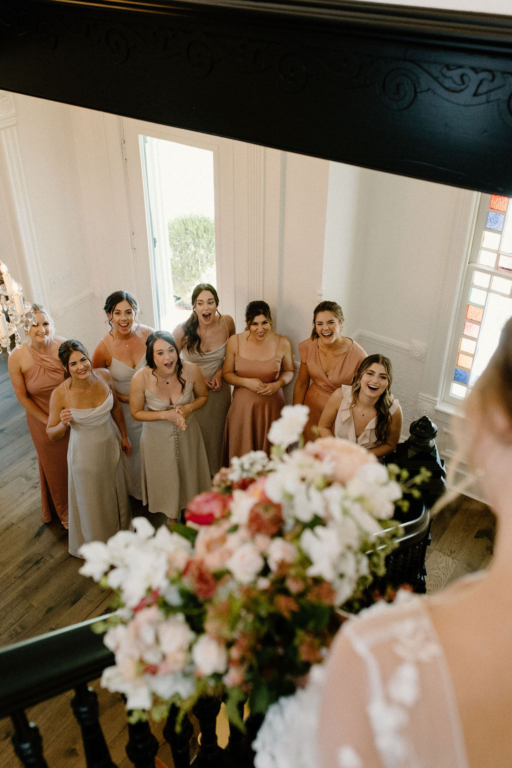 Chic bridesmaids first look at bride at Park Winters