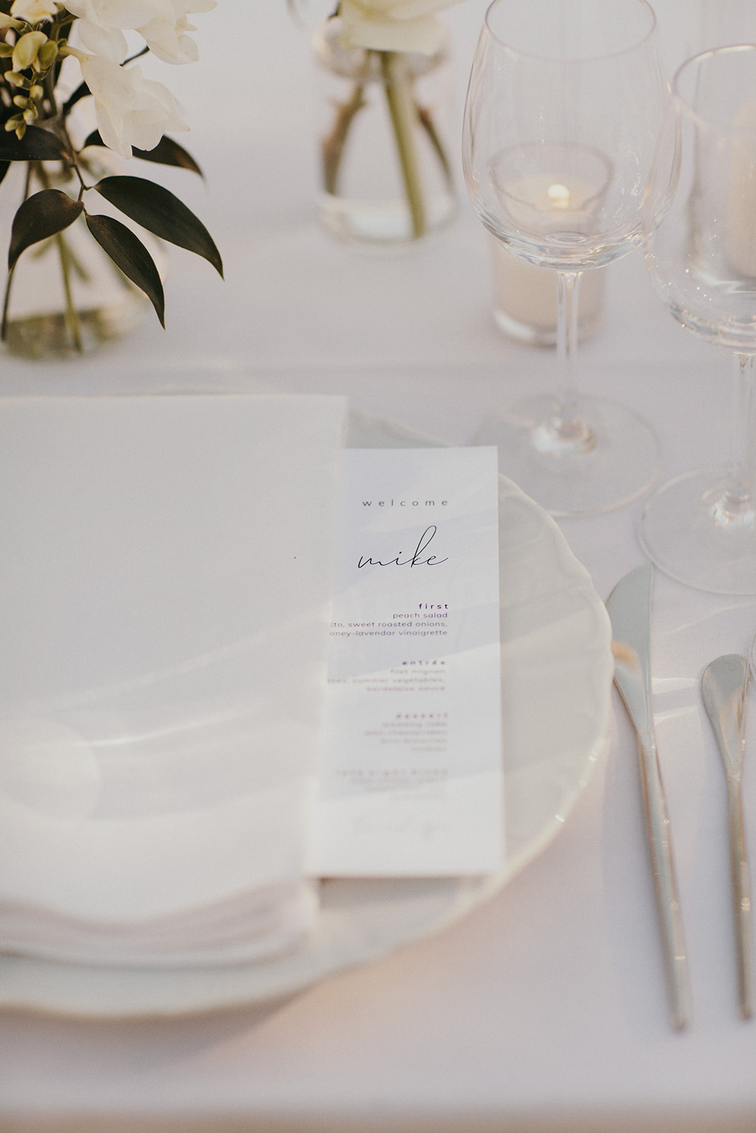 Elegant all white menus for reception