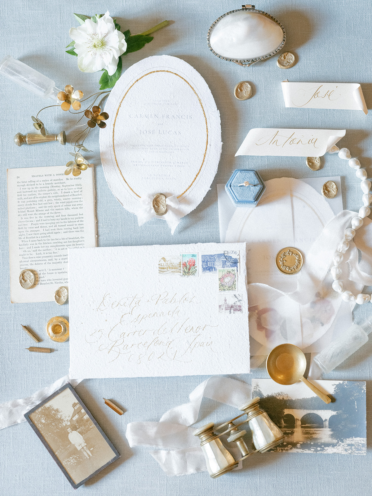 Pearl and blue vintage wedding invitations