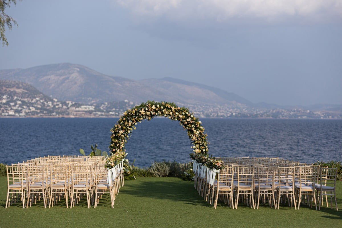neutral floral wedding ceremony arch