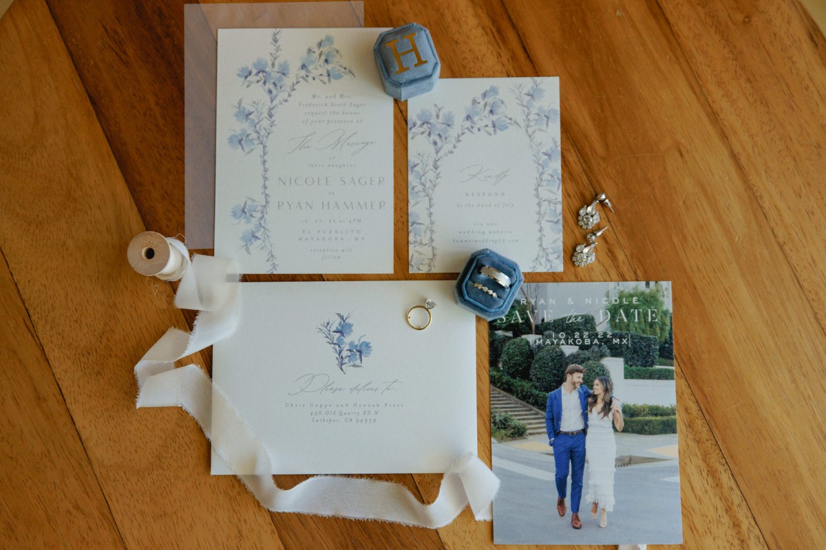 Blue floral wedding invitation suite 