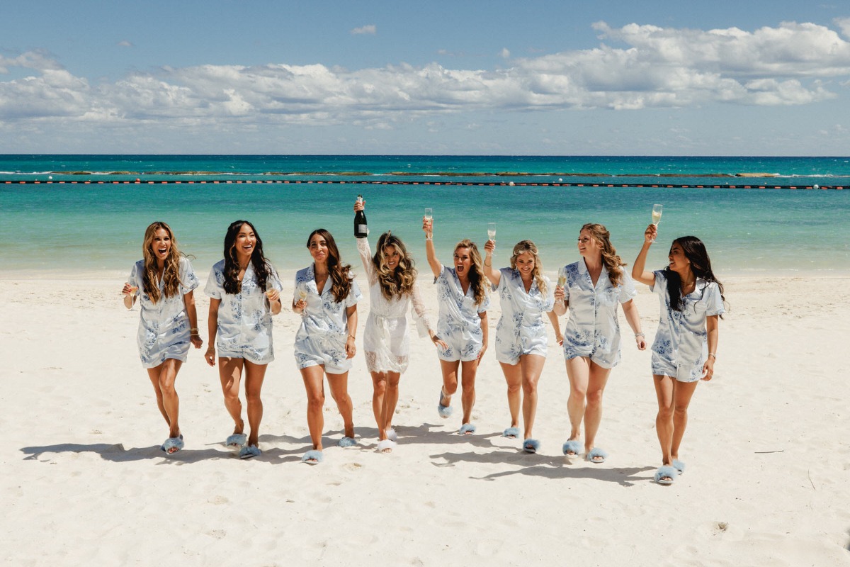 Beach bridesmaids in blue pajamas