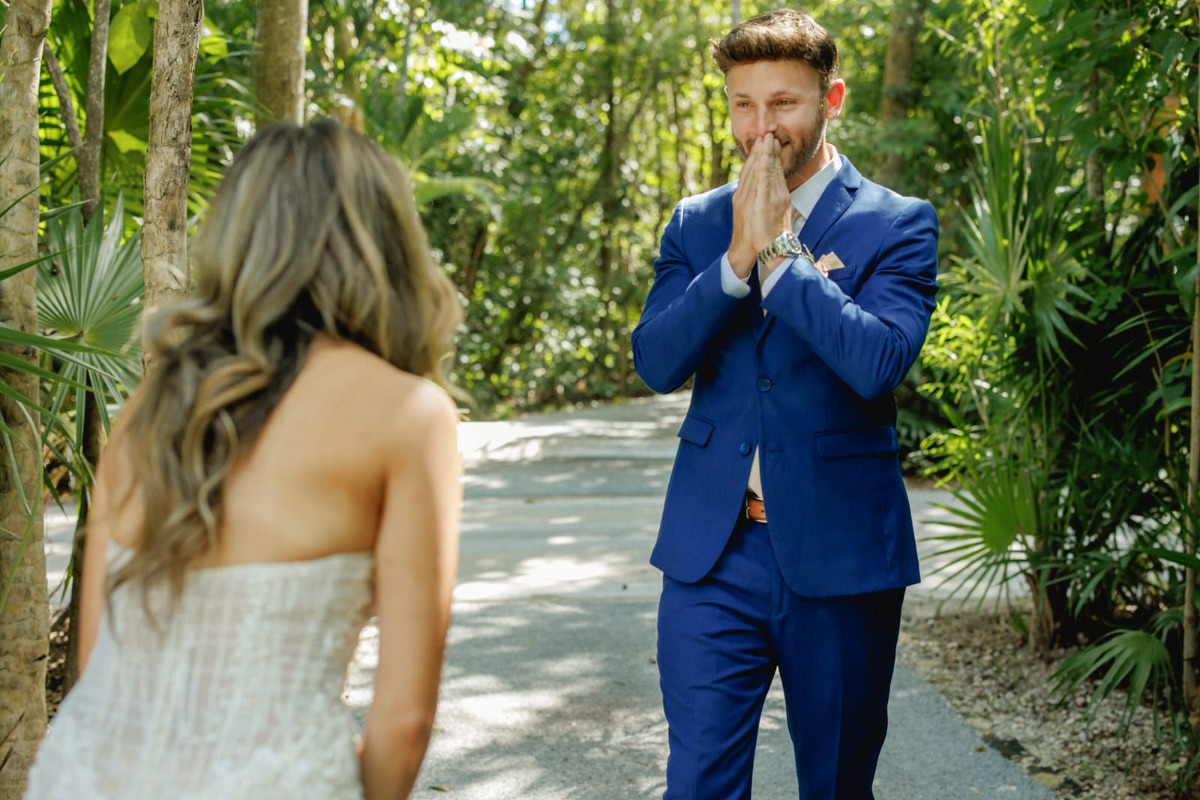Emotional groom at first look 