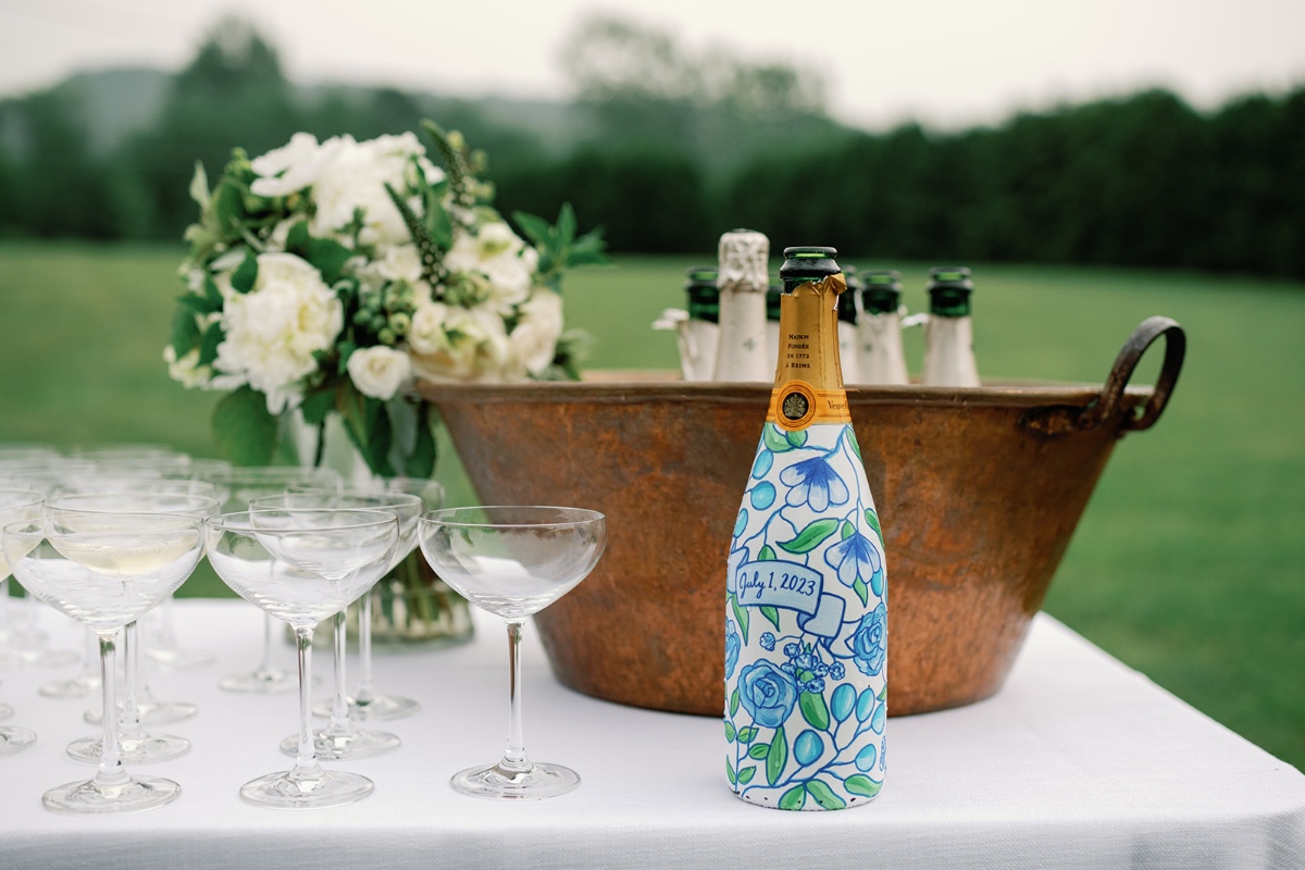 Custom blue floral wedding champagne bottle 