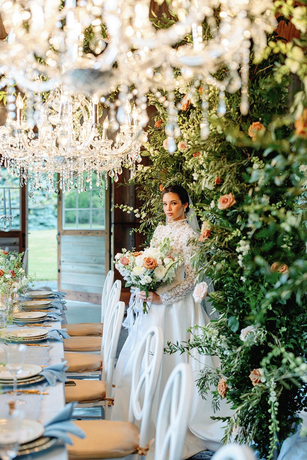 large floral and chandelier installation