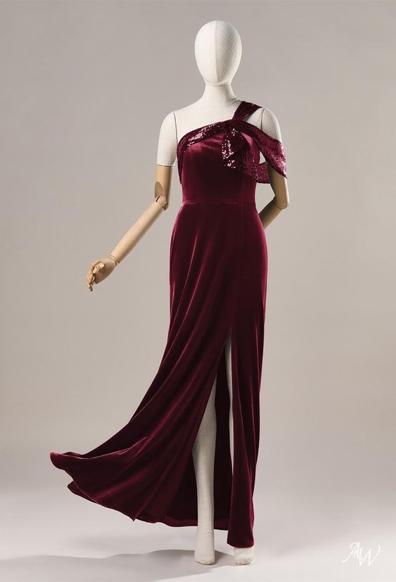 unique burgundy velvet and sequin bridesmaid dress