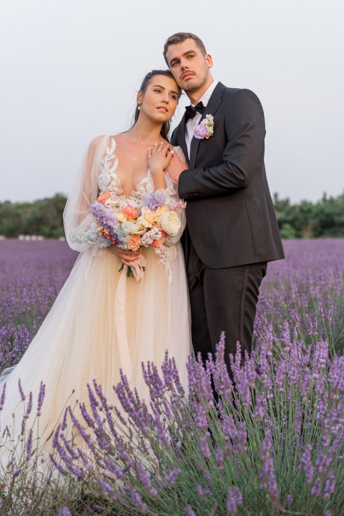 Romantic lavender field bride and groom 