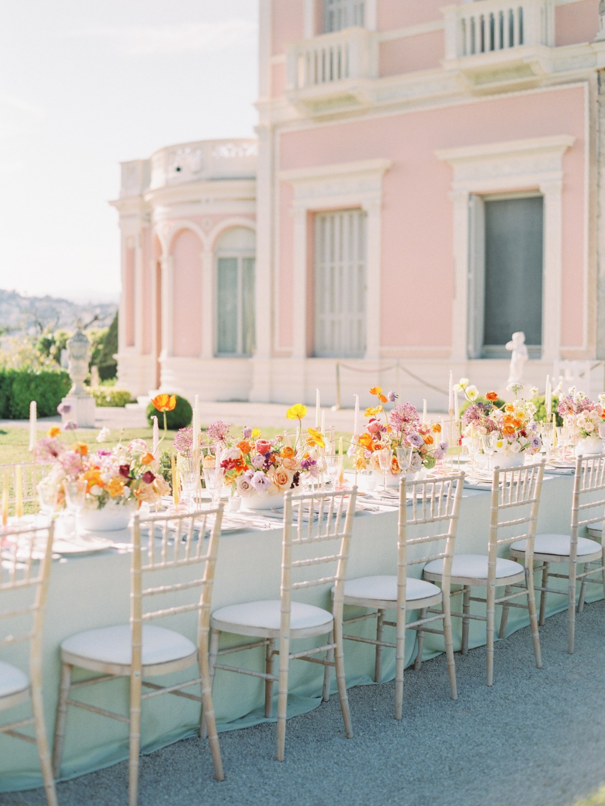 Colorful floral reception in French villa 