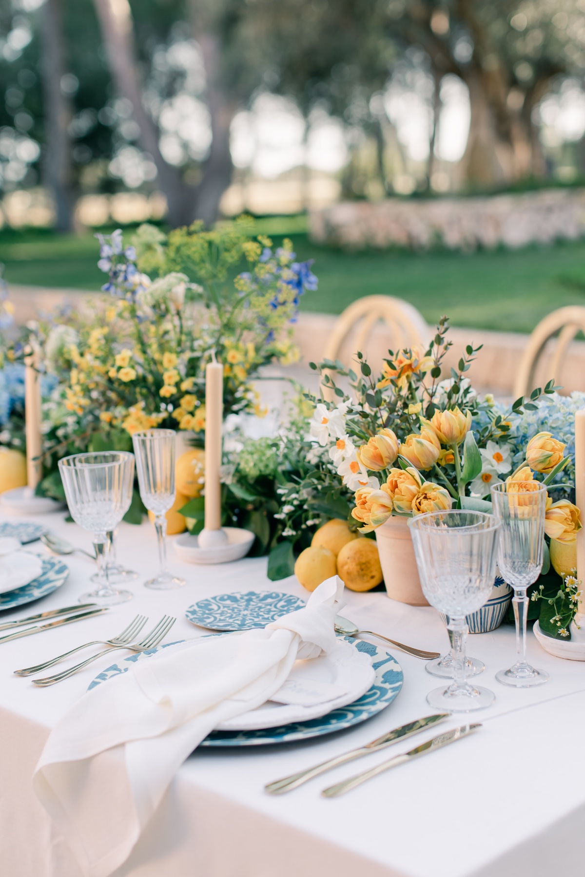 blue and citrus wedding flowers