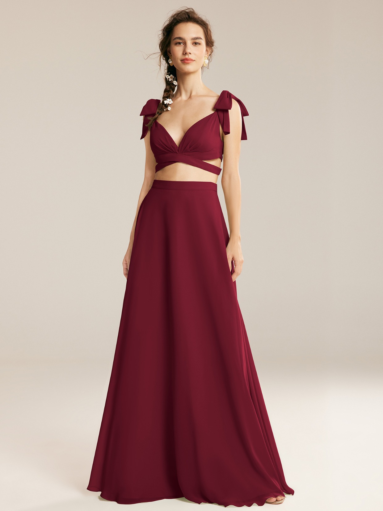 burgundy two piece bridesmaid dress look