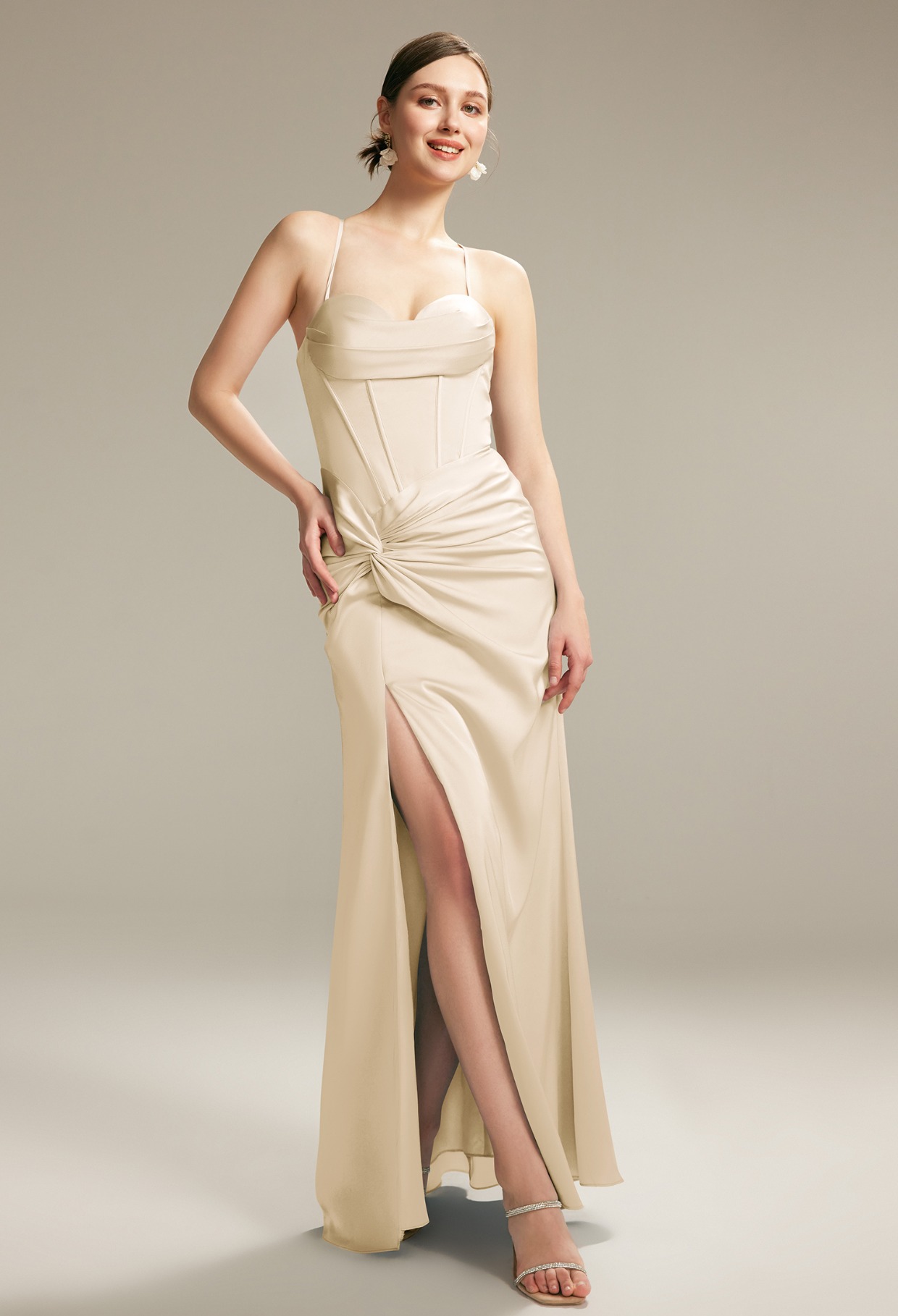unique corseted champagne bridesmaid dress with slit