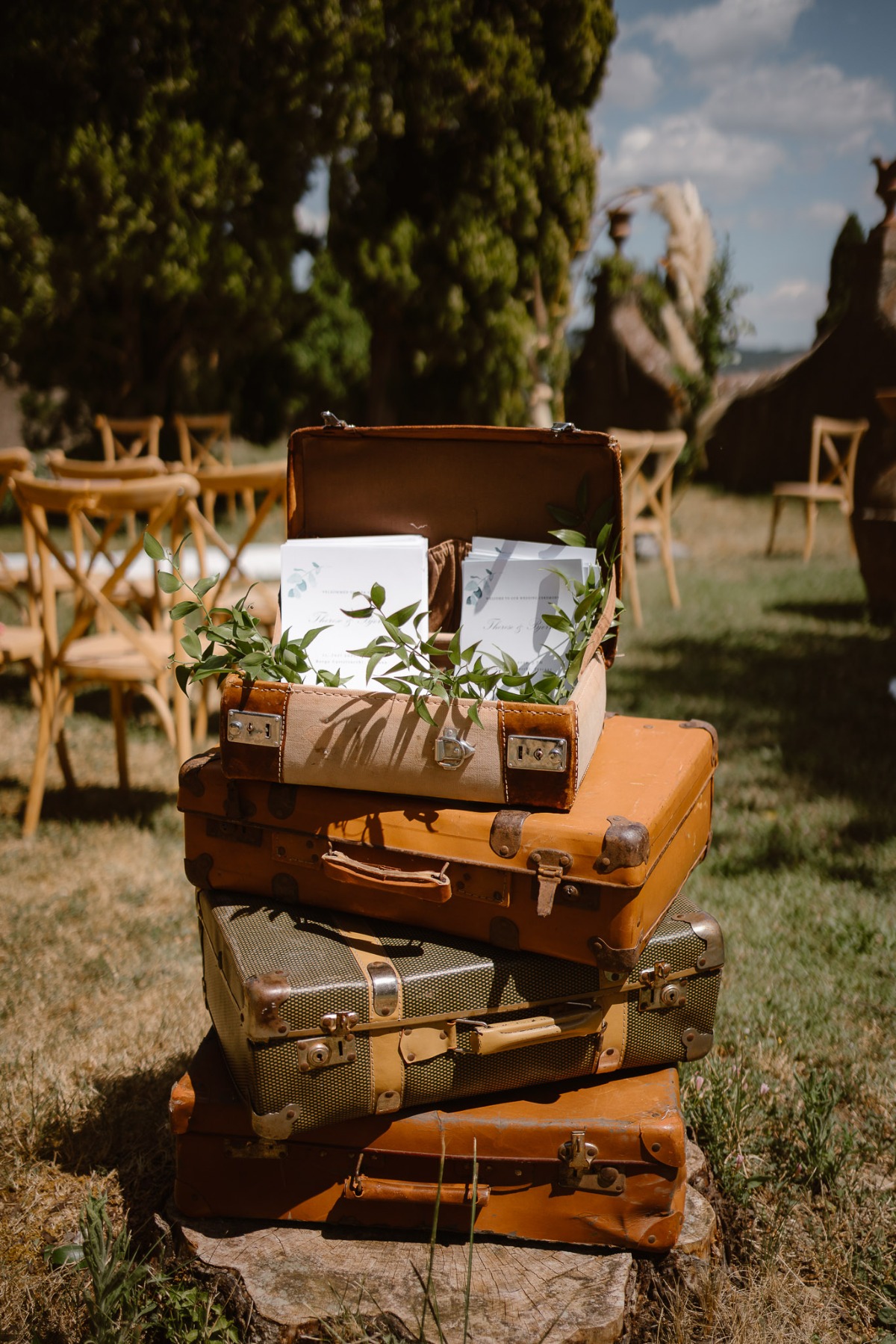 stacked suitcase wedding decor