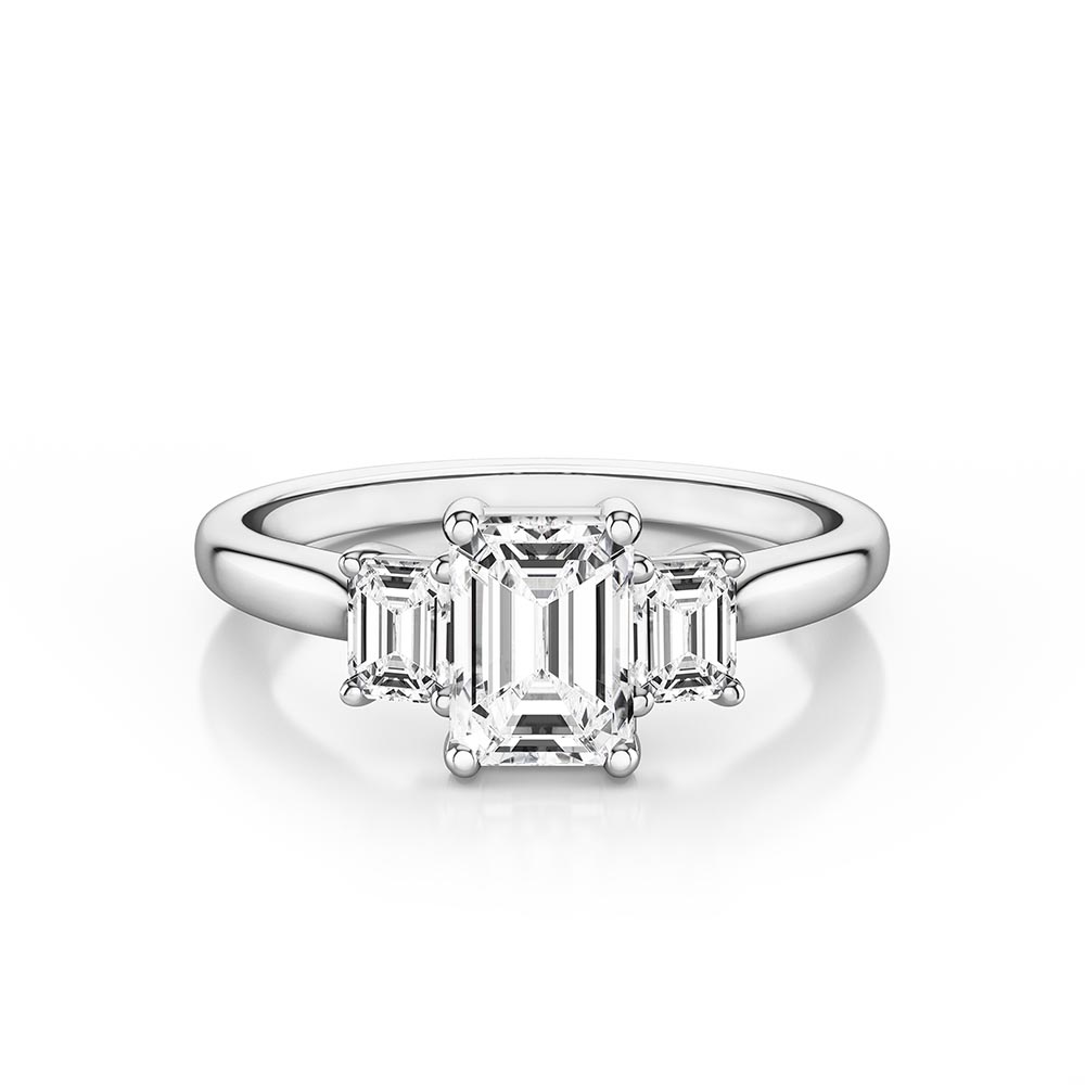 affordable three stone emerald cut engagement ring by Piper Jewels