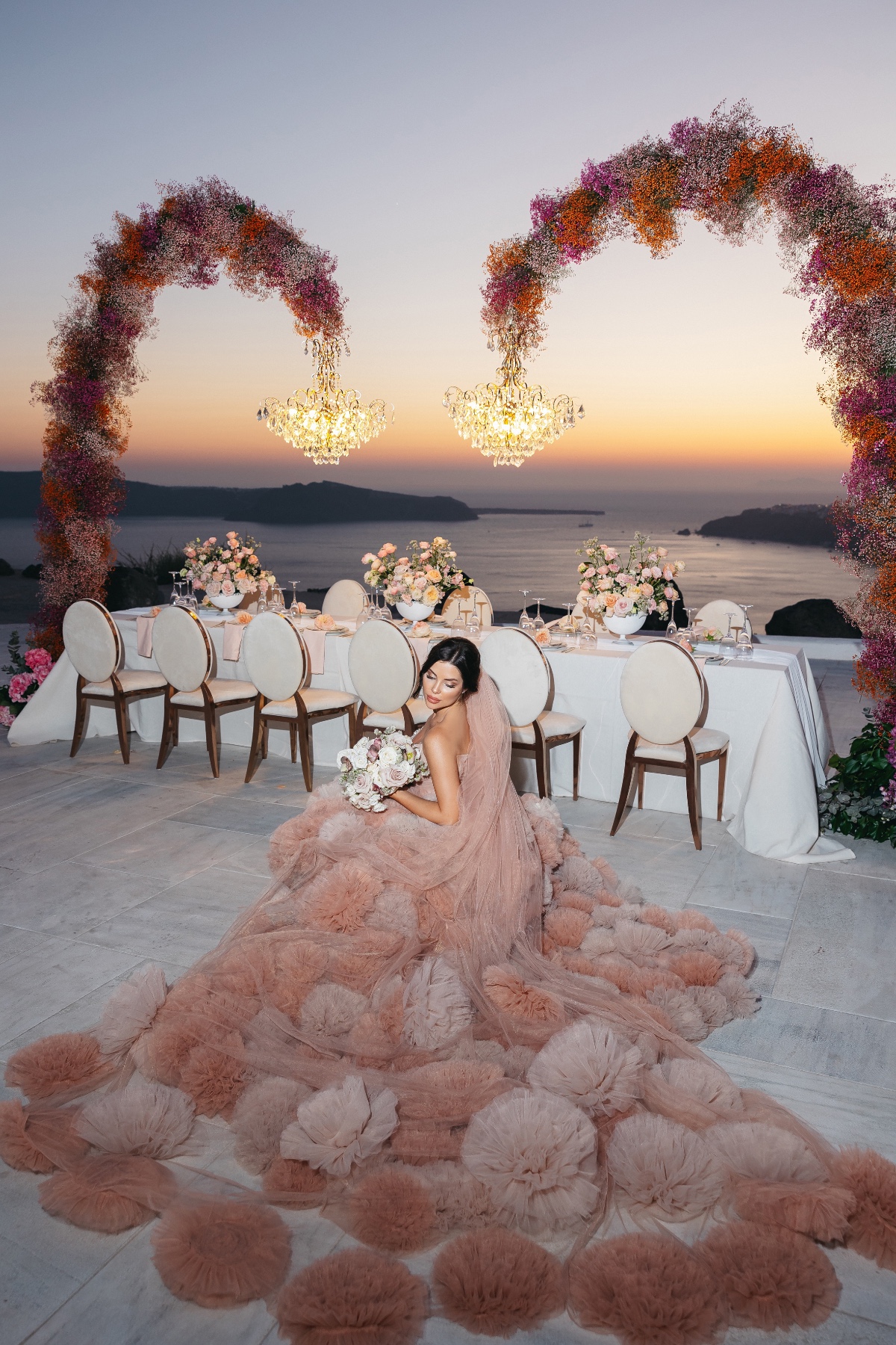 Bride modeling pink couture gown 