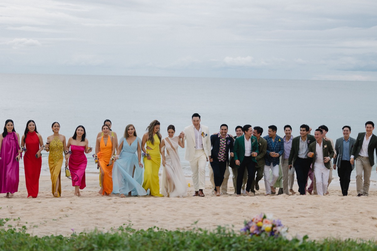 rainbow and neutral bridal party 