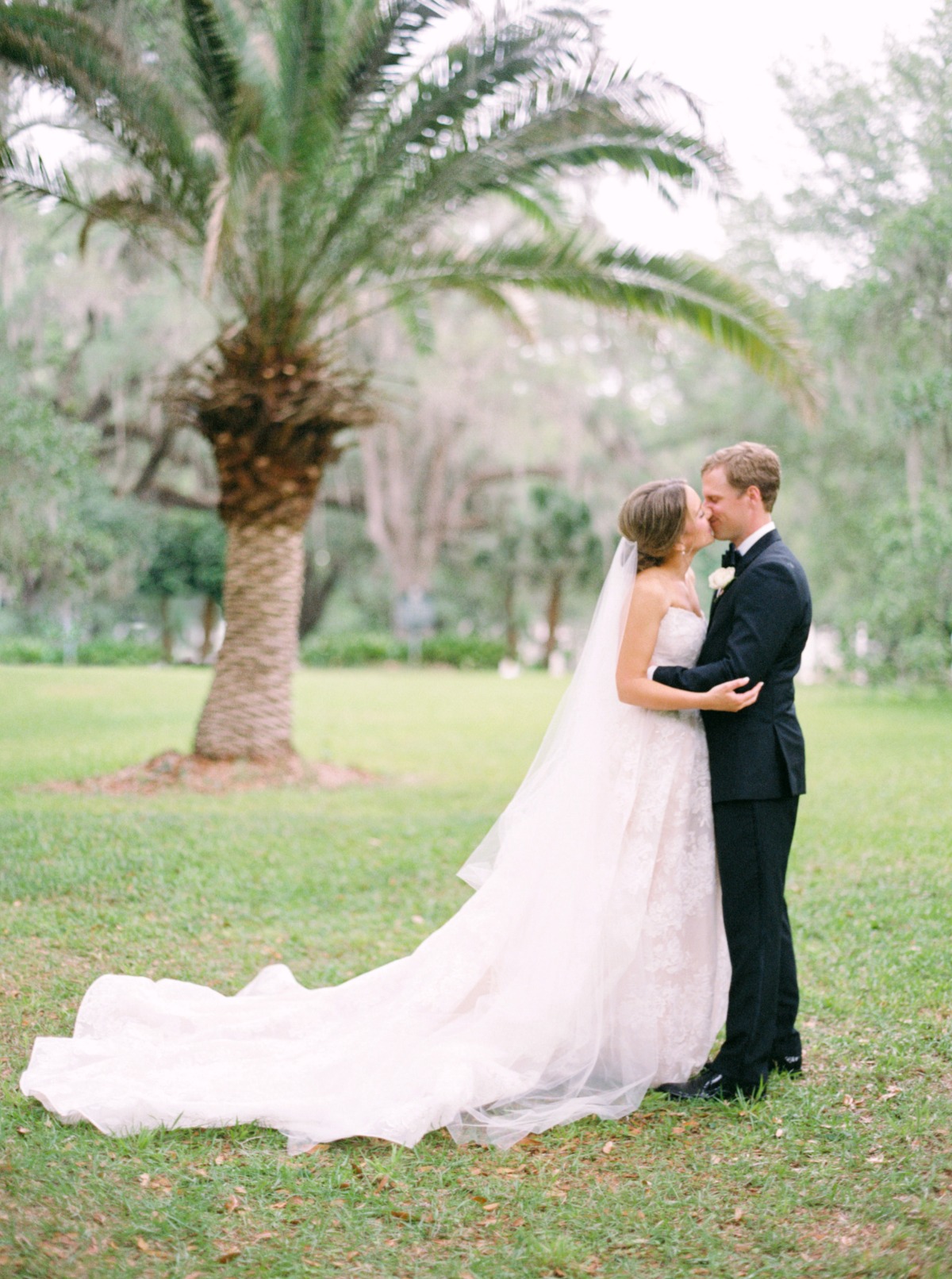 Florida newlyweds kiss by palm trees