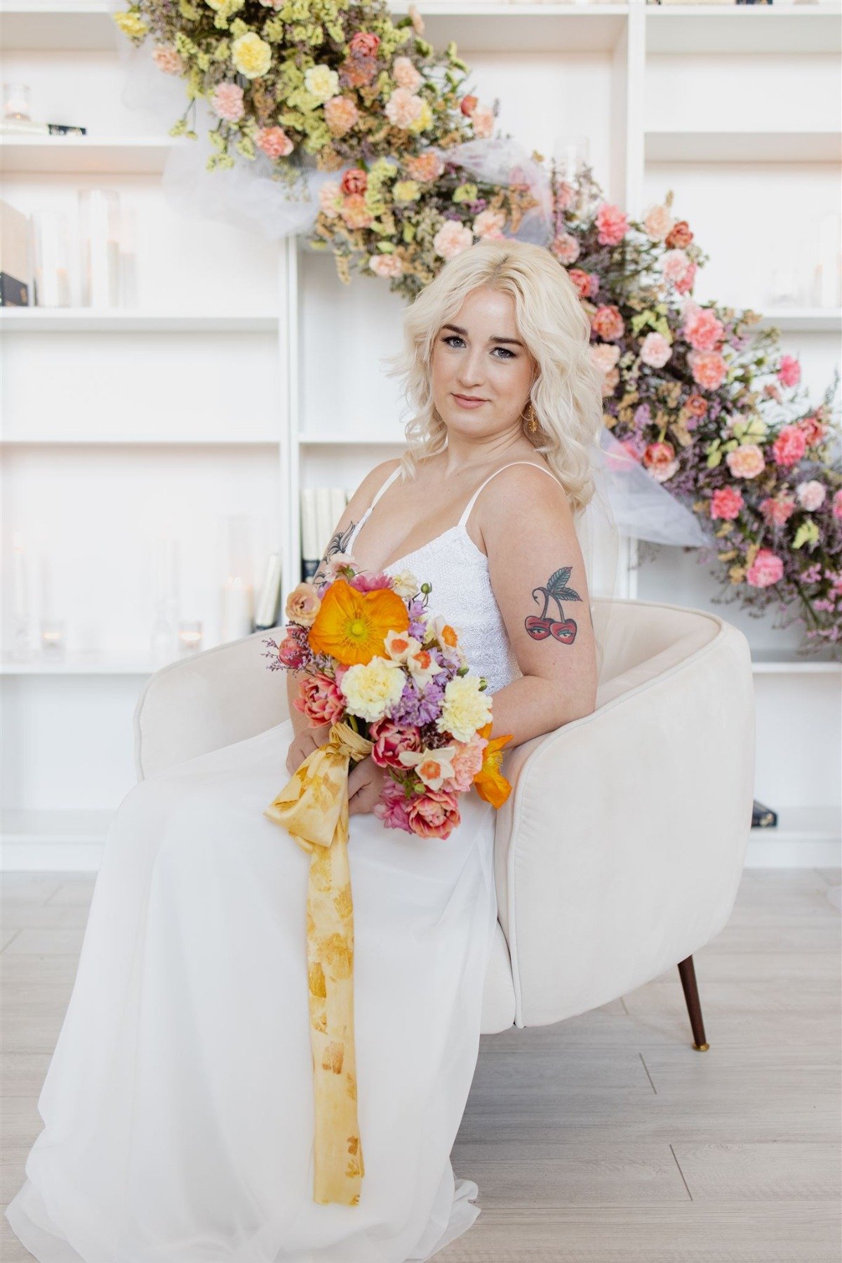 Modern bride with bold rainbow bouquet
