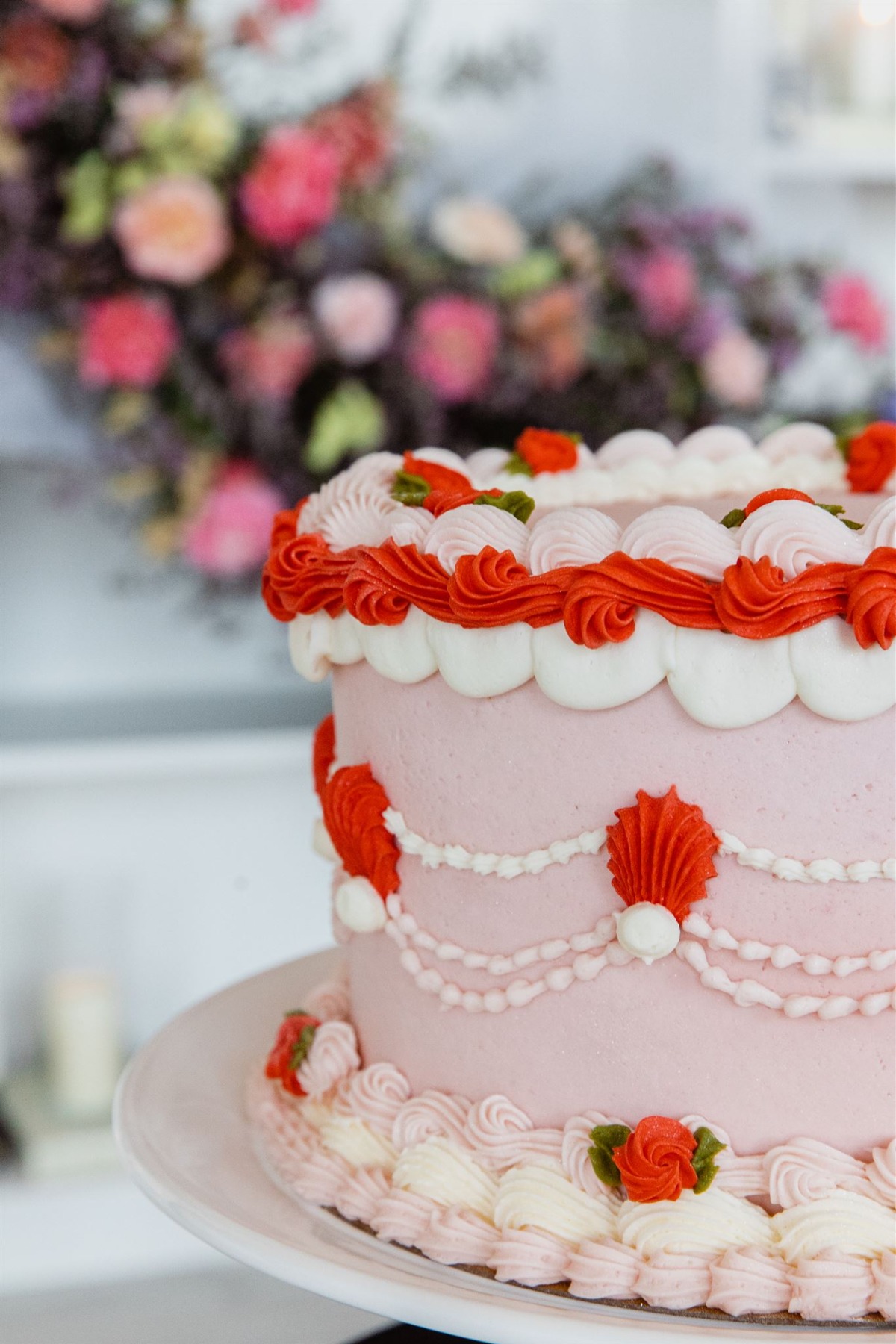 Vintage pink and red wedding cake 