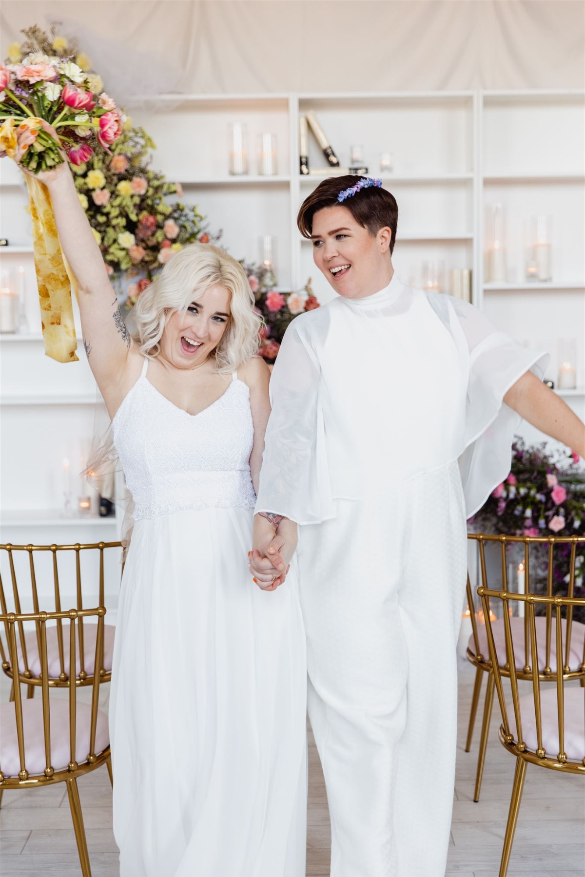 Queer newlywed cheers after ceremony