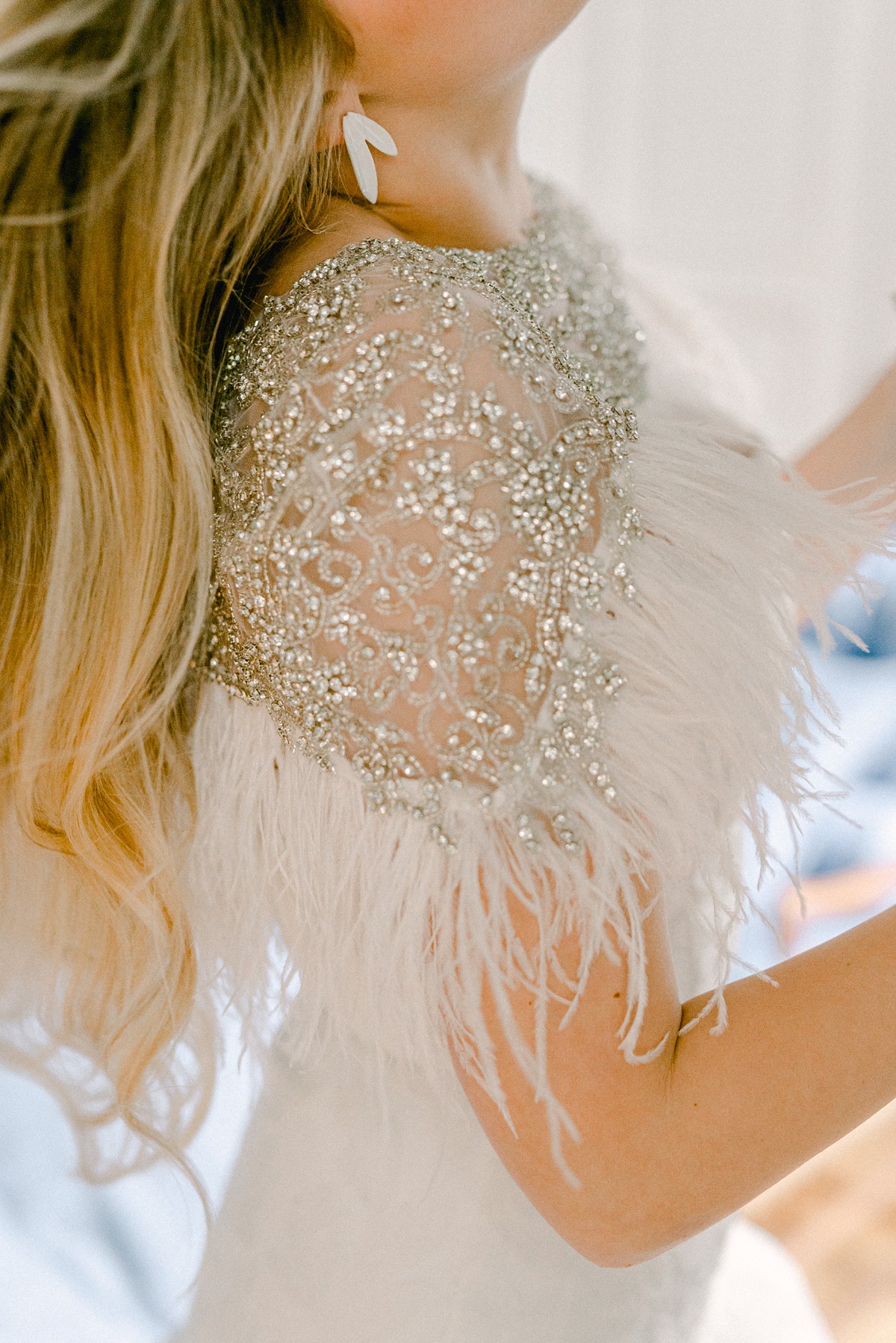 feather trimmed wedding dress