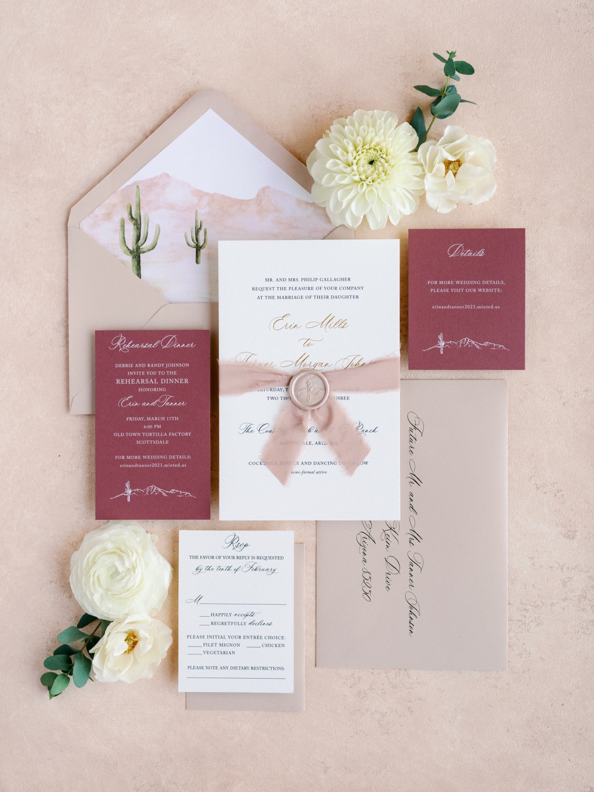 white and blush wedding invitations